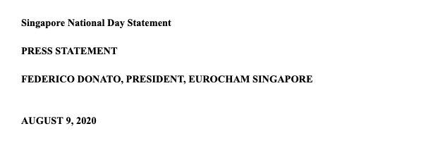 Press Statement for National Day 2020 by EuroCham President, Federico Donato