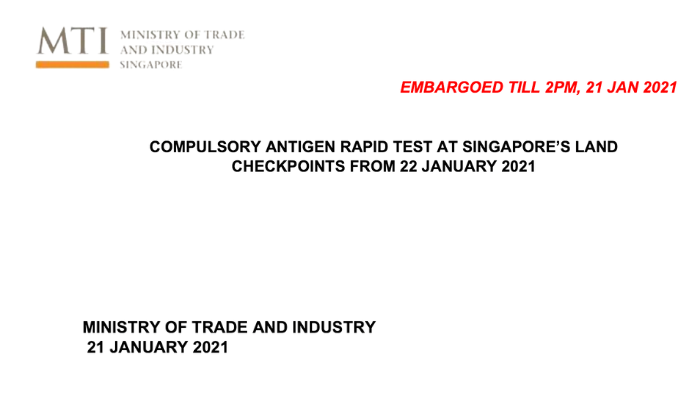 MTI: Press Release on Compulsory Antigen Rapid Test at Singapore Land Checkpoints