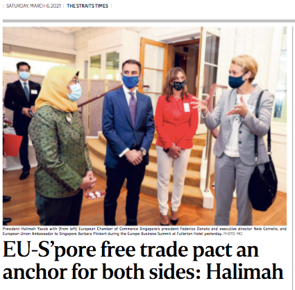 EU-S’pore free trade pact an anchor for both sides: Halimah – The Straits Times