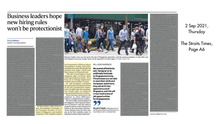 Business leaders hope new hiring rules won’t be protectionist – The Straits Times, A6 (2 September 2021)