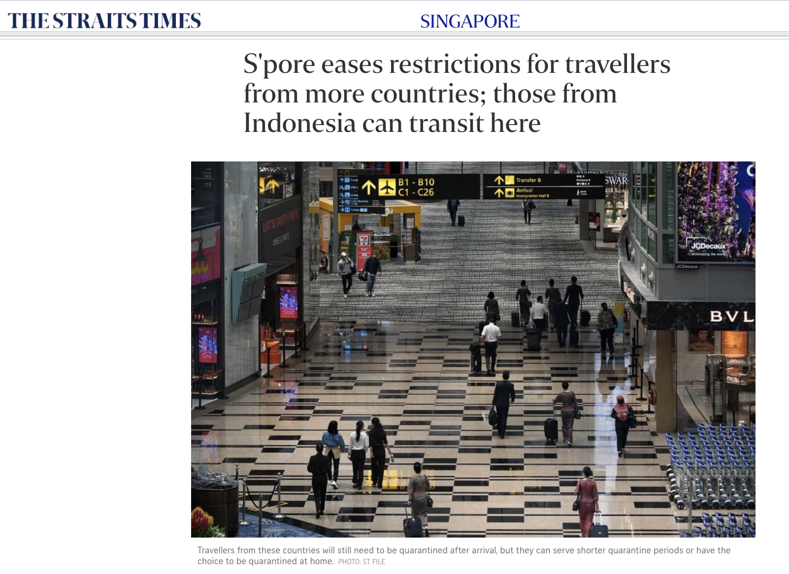S’pore eases restrictions for travellers from more countries; those from Indonesia can transit here – The Straits Times