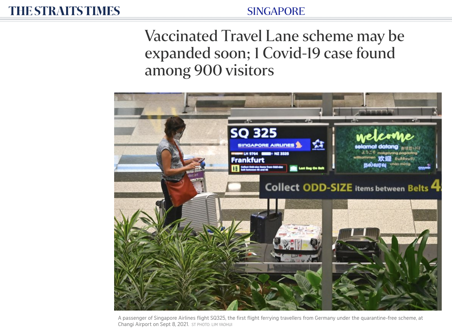 Vaccinated Travel Lane scheme may be expanded soon; 1 Covid-19 case found among 900 visitors – The Straits Times