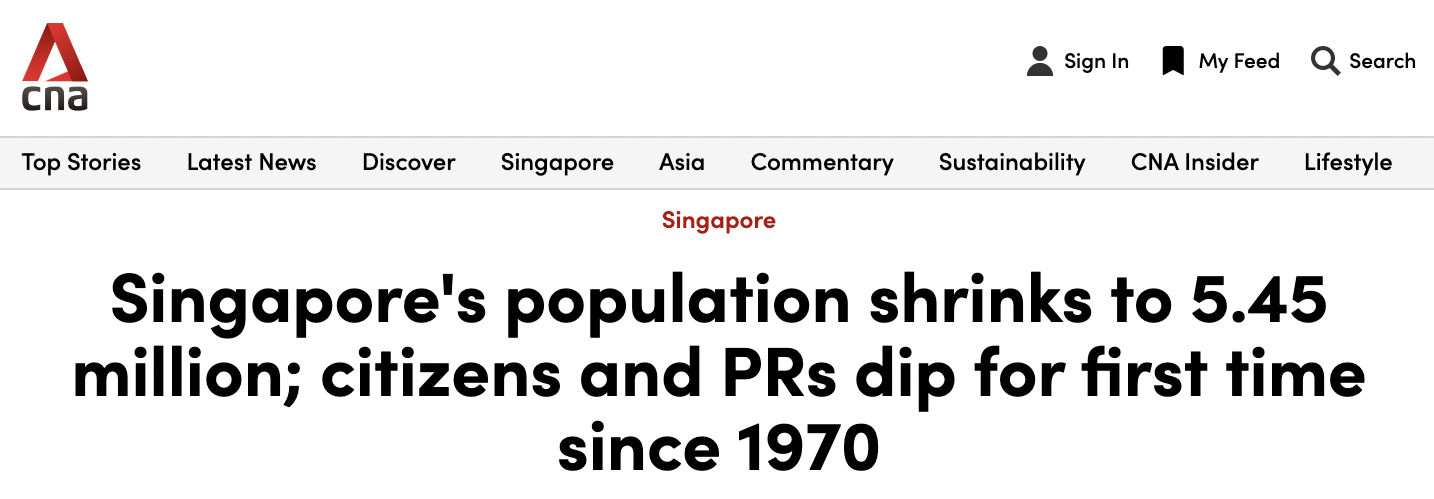 Singapore’s population shrinks to 5.45 million; citizens and PRs dip for first time since 1970 – CNA