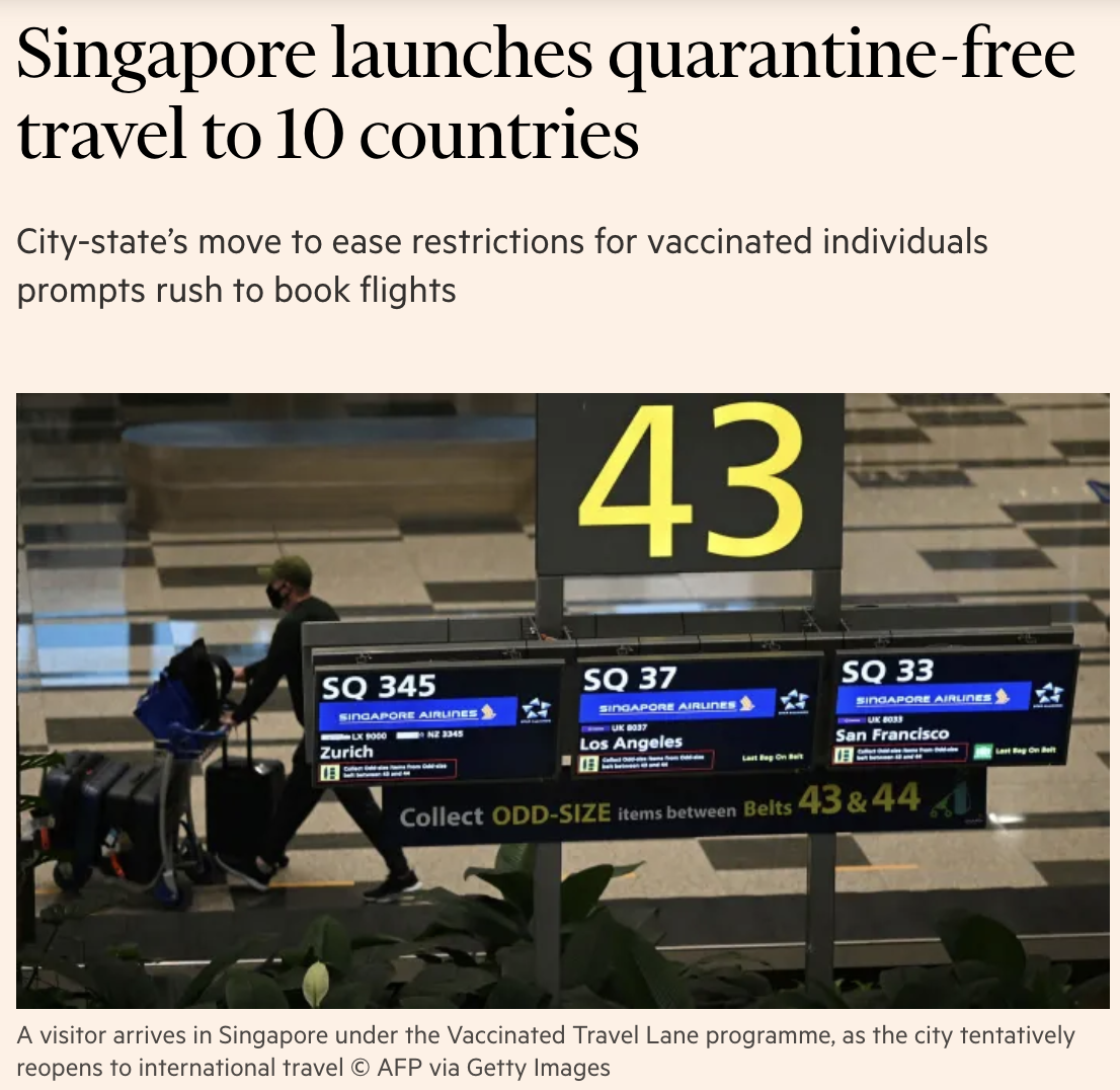 Singapore launches quarantine-free travel to 10 countries – Financial Times