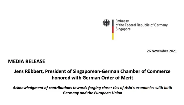 Media Release: Jens Rübbert, President of Singaporean-German Chamber of Commerce honoured with German Order of Merit
