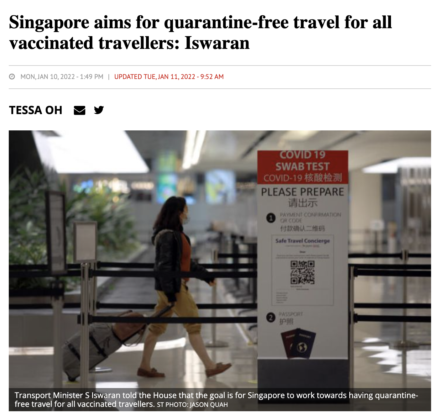 Singapore aims for quarantine-free travel for all vaccinated travellers: Iswaran – The Business Times