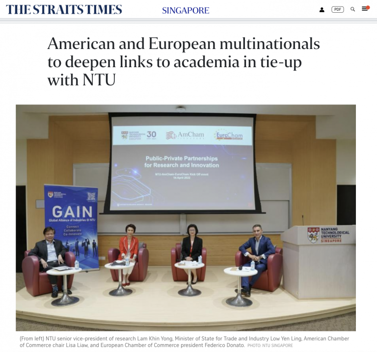 American and European multinationals to deepen links to academia in tie-up with NTU – The Straits Times