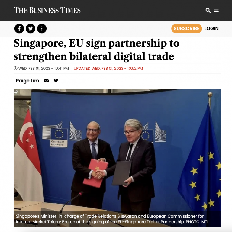 Singapore, EU sign partnership to strengthen bilateral digital trade – The Business Times