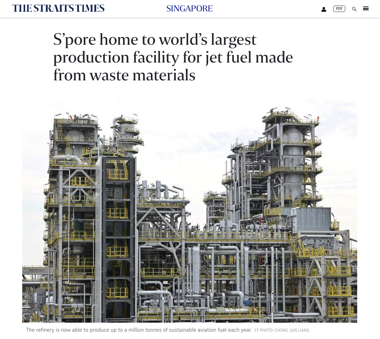 S’pore home to world’s largest production facility for jet fuel made from waste materials – The Straits Times