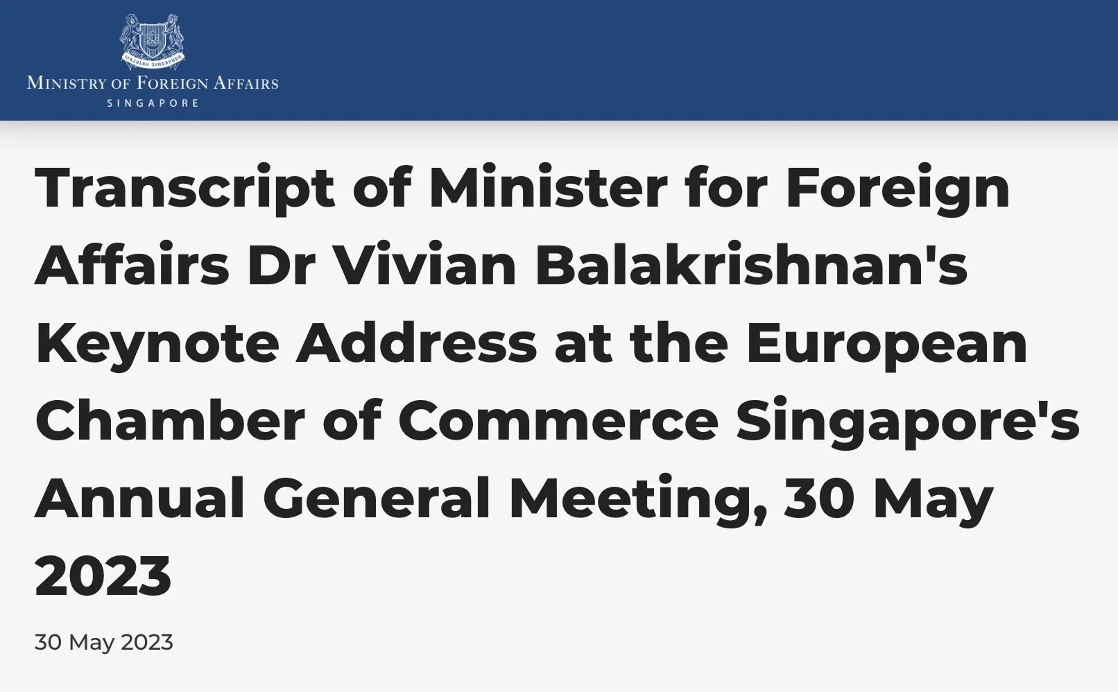 Transcript of Minister for Foreign Affairs Dr Vivian Balakrishnan’s Keynote Address at the European Chamber of Commerce Singapore’s Annual General Meeting, 30 May 2023