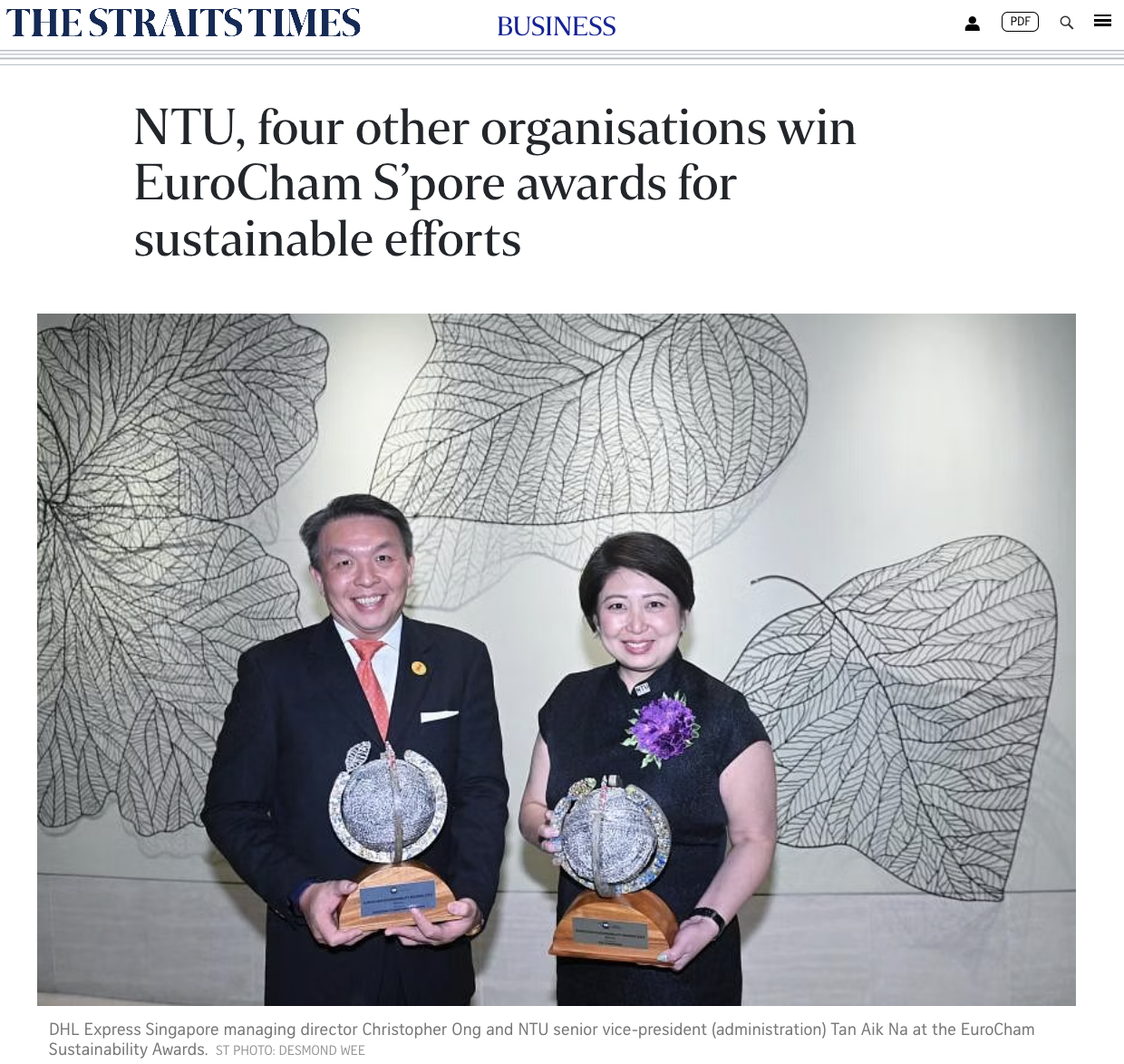 NTU, four other organisations win EuroCham S’pore awards for sustainable efforts – The Straits Times