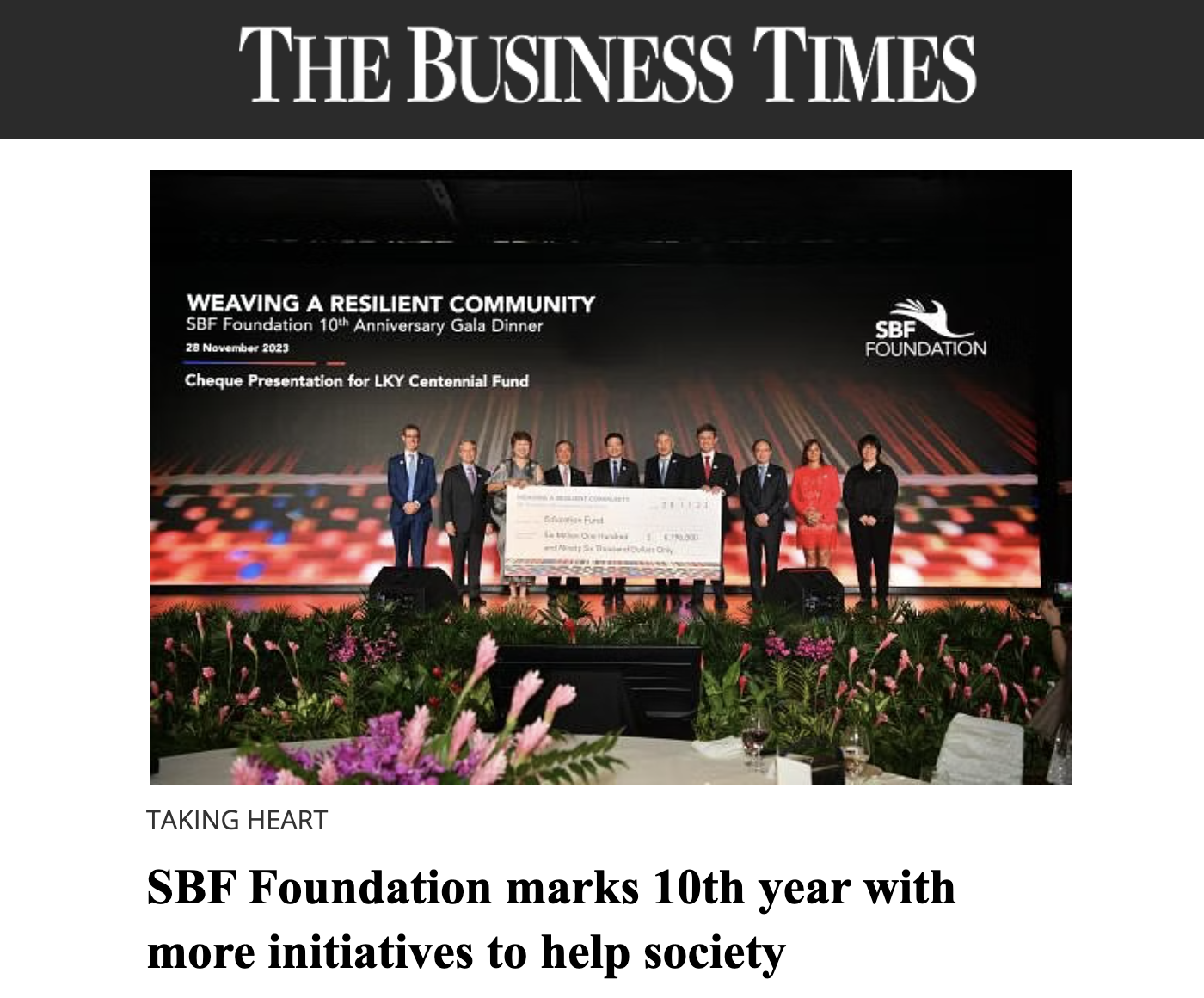 SBF Foundation marks 10th year with more initiatives to help society – The Business Times