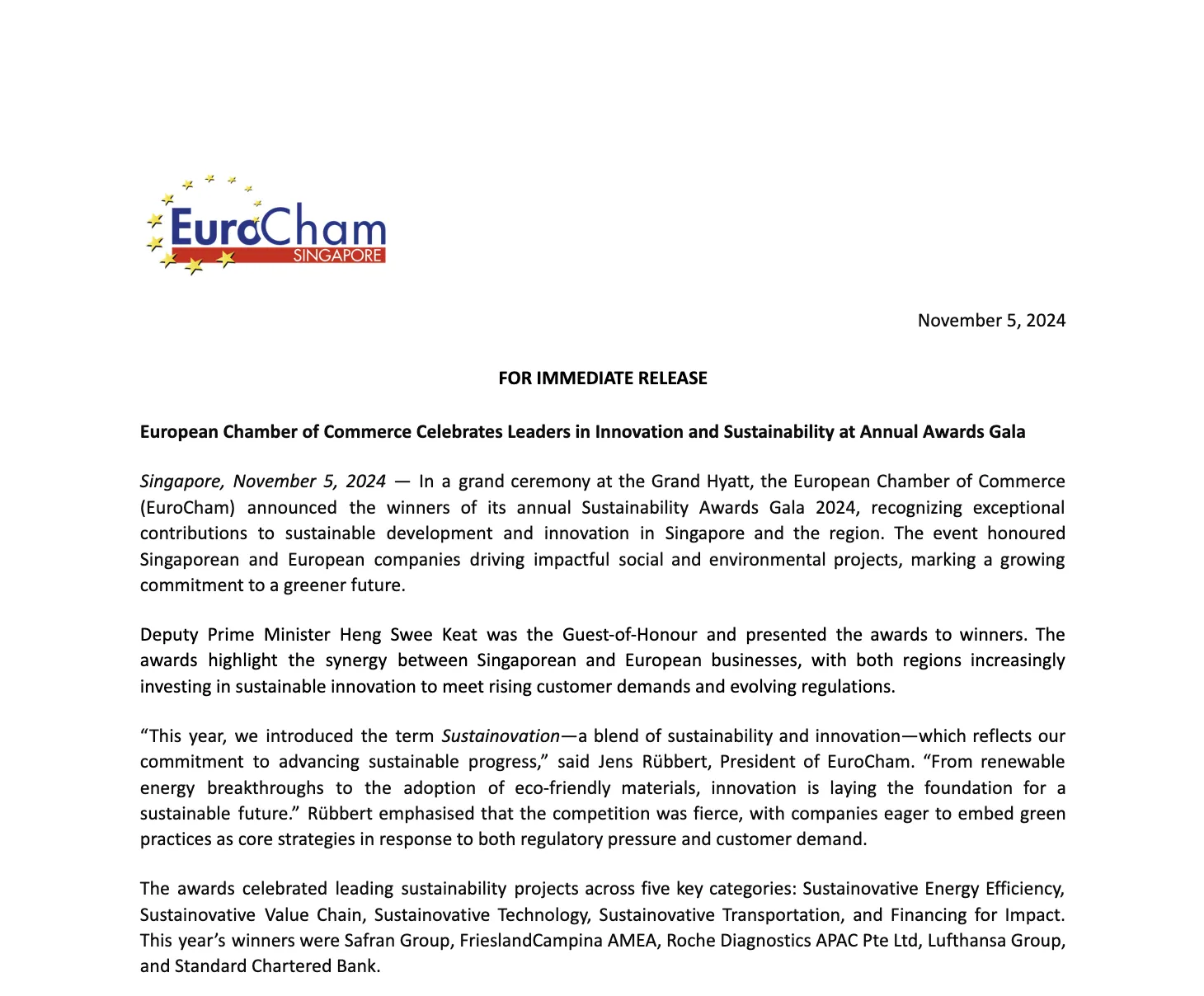 Press Release – European Chamber of Commerce Celebrates Leaders in Innovation and Sustainability at Annual Awards Gala