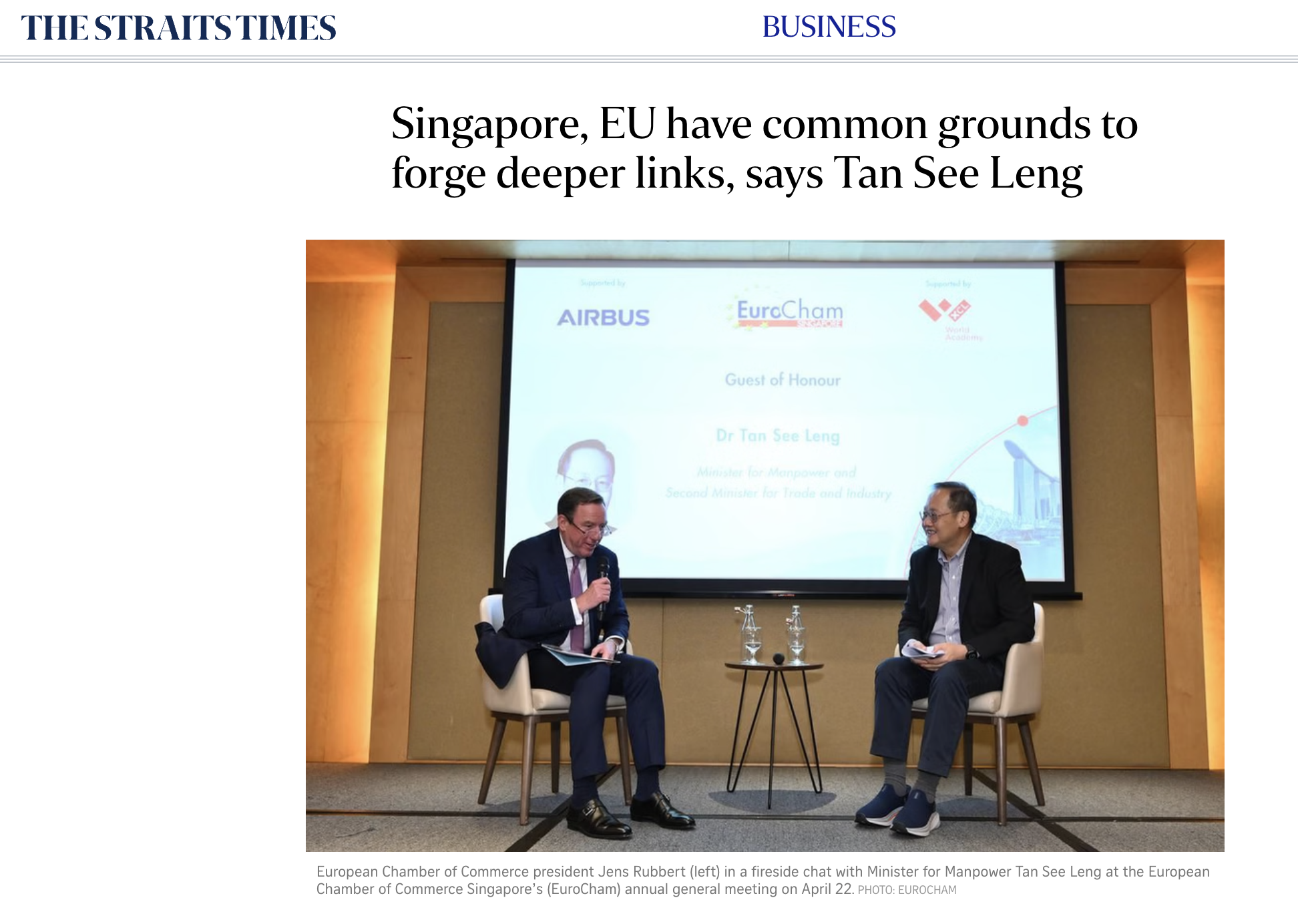 Singapore, EU have common grounds to forge deeper links, says Tan See Leng